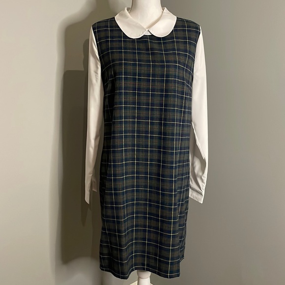 ALLEGRA K LONG SLEEVE PETER PAN COLOR GREEN/BLUE PLAID DRESS - Picture 2 of 13
